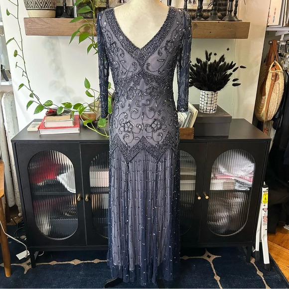 NWT Pissaro Nights Navy Midi Beaded Dress - Picture 3 of 13